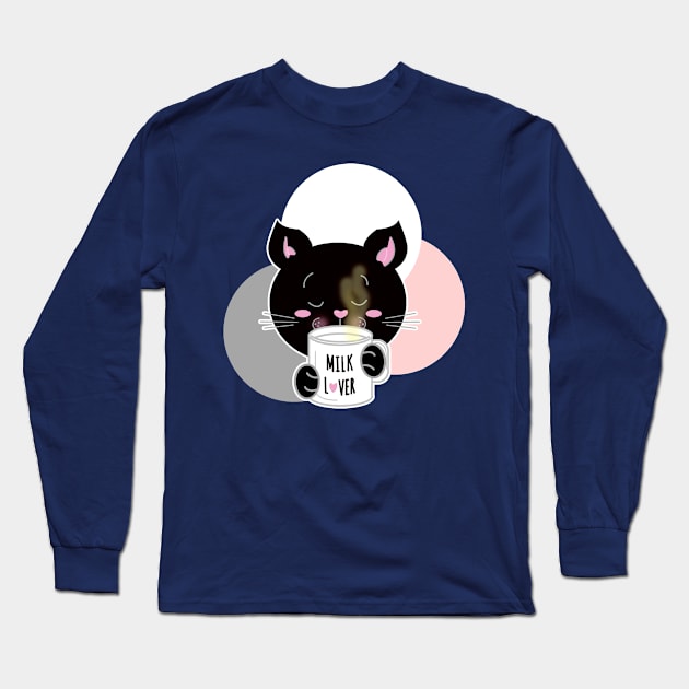 Black cat drinking milk lover Long Sleeve T-Shirt by repalheiros